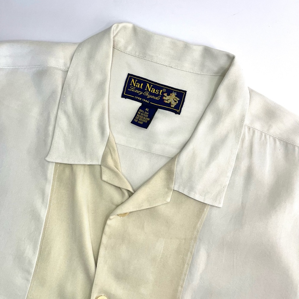Nat Nast Shirt Mens Size XL Silk Button Up Camp Bowling Beige Striped Casual